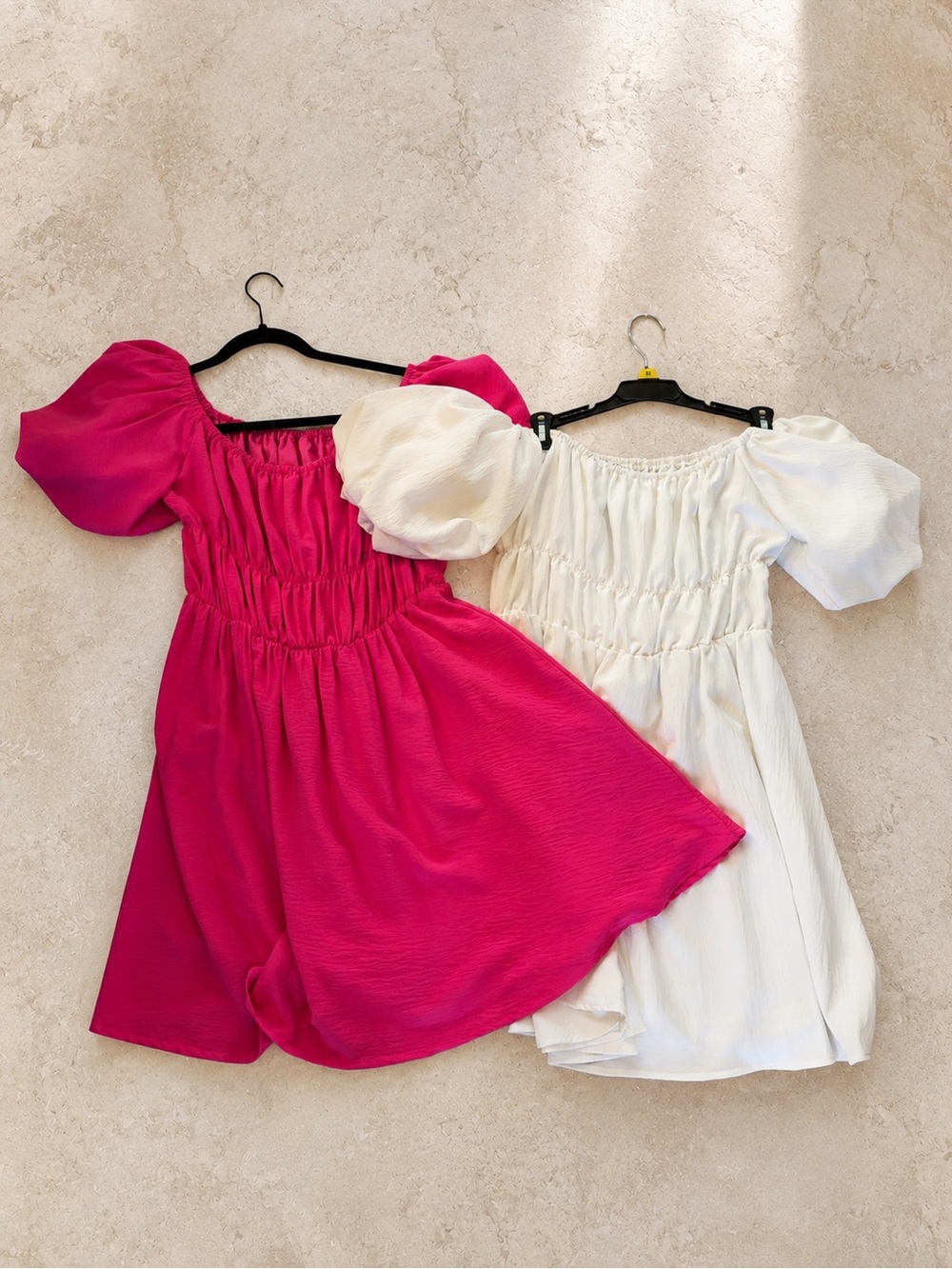 Hot Pink & White Puff Sleeve Smocked Mini Dresses | Cottagecore | - Picture 1 of 3
